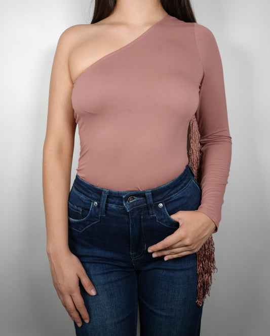 Blue B Women's One Shoulder Fringe Bodysuit - Amber Brown