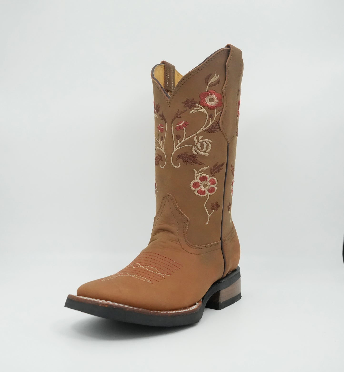 Stephy Women's Embroidered Crazy Tabaco Rubber Sole Wide Square Toe Boot