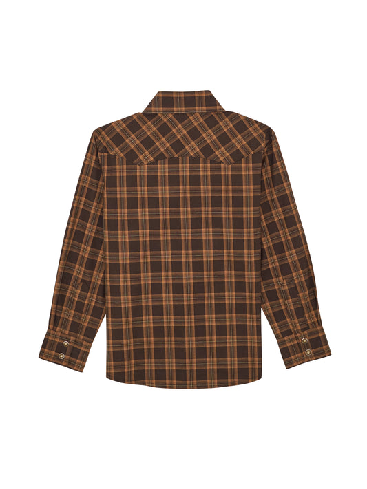 Boy's Wrangler Retro Brown Plaid Western Long Sleeve Button Down Shirt