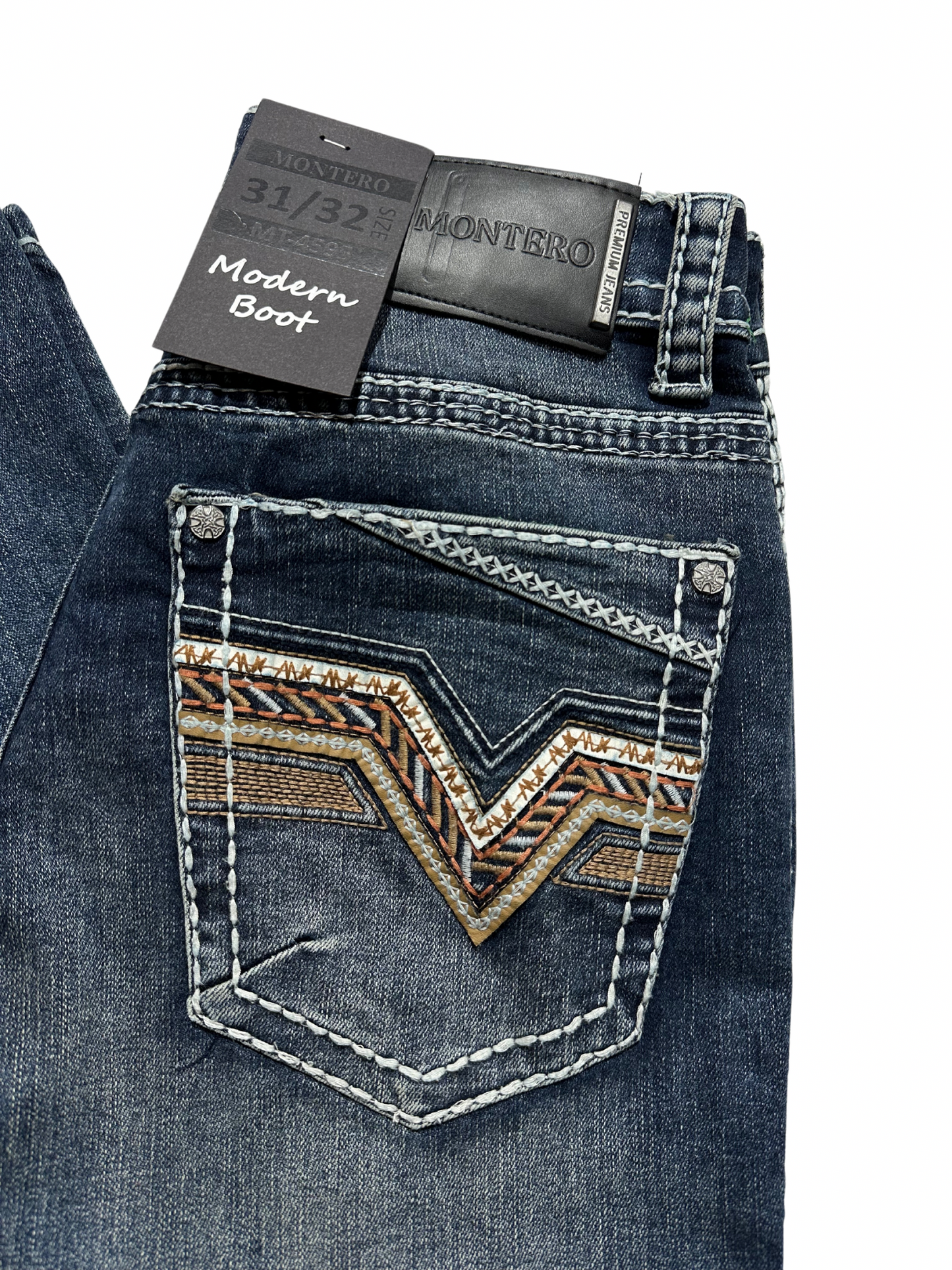 Montero Denim V Stitched Pocket Medium Blue Modern Boot Jean