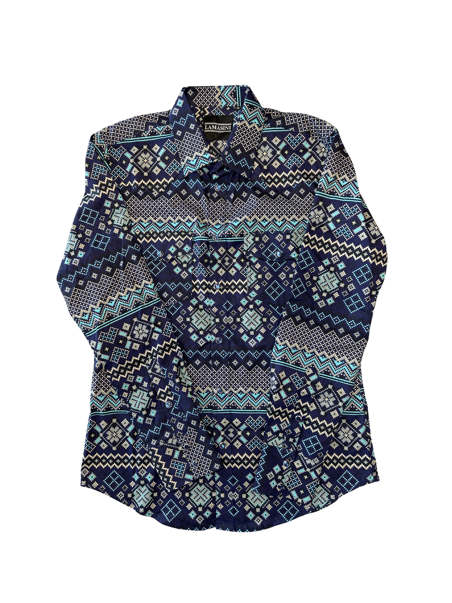 Lamasini Men's Tribal Snap Button Long Sleeve Shirt - Navy