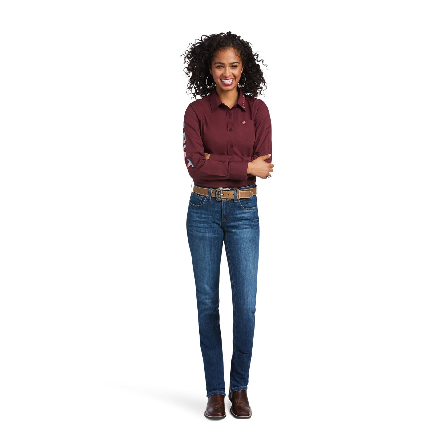 Camisa elástica Kirby en color burdeos del equipo Ariat