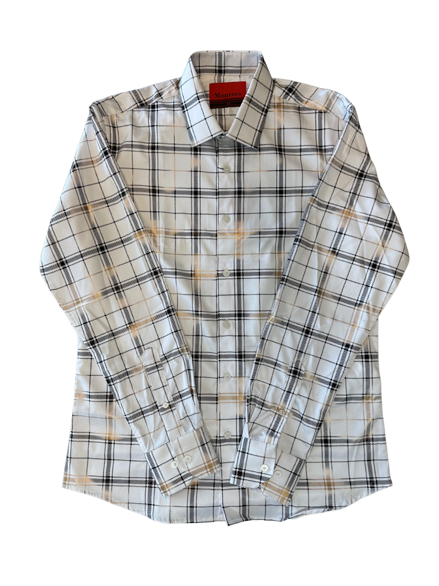 Montero Men's White/Gold/Black Plaid Button Up Shirt