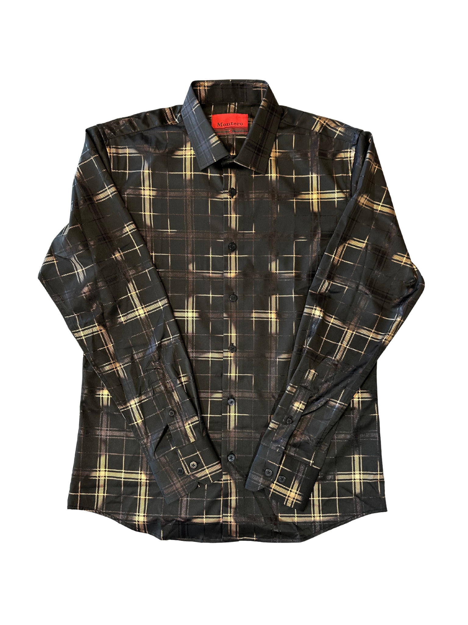 Montero Men's Black/Gold Plaid Button Down Shirt S Montero Men's Black/Gold Plaid Button Down Shirt S