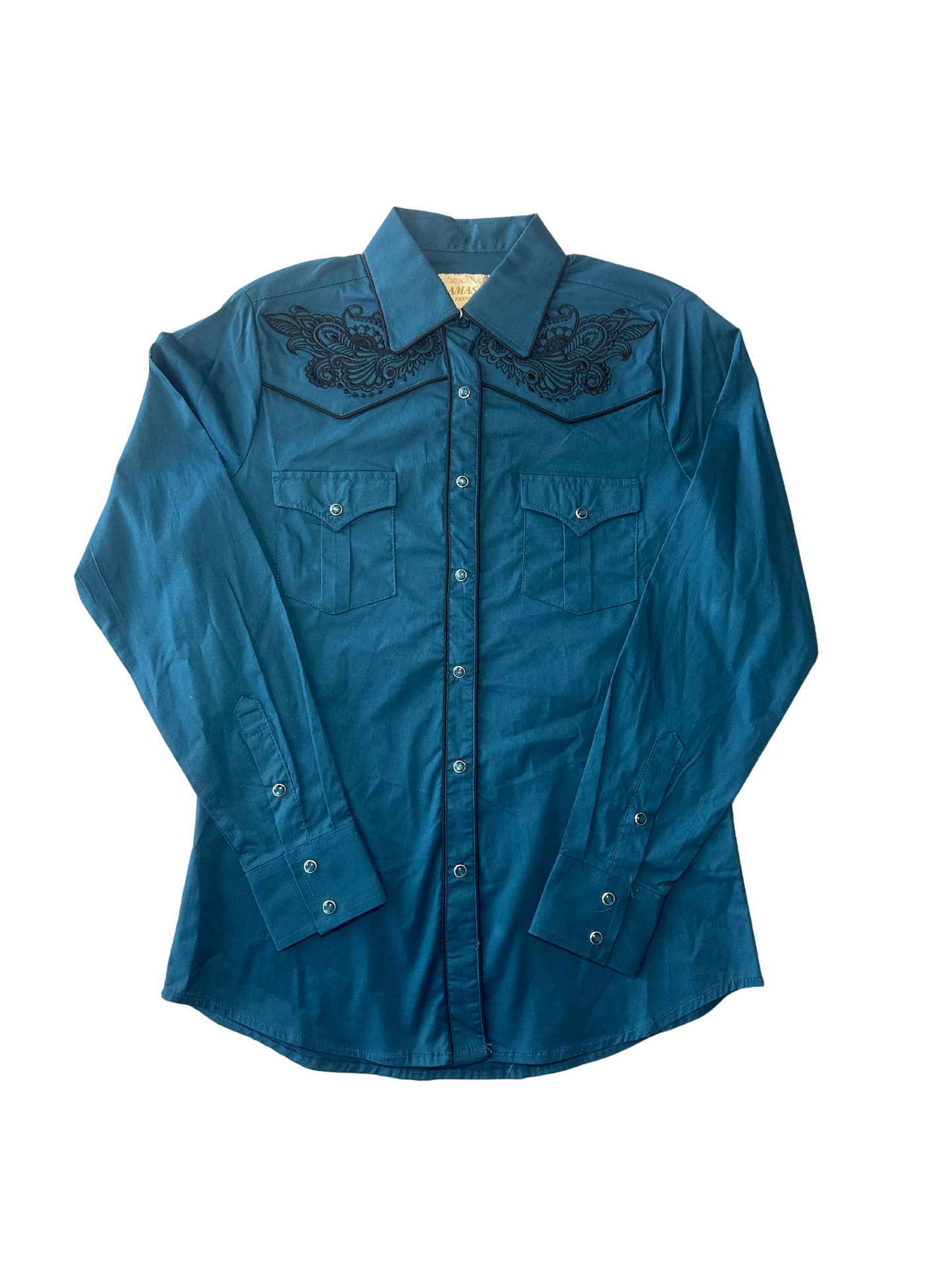 Women's Floral Embroided Button Down Shirt - Teal (FINAL SALE)