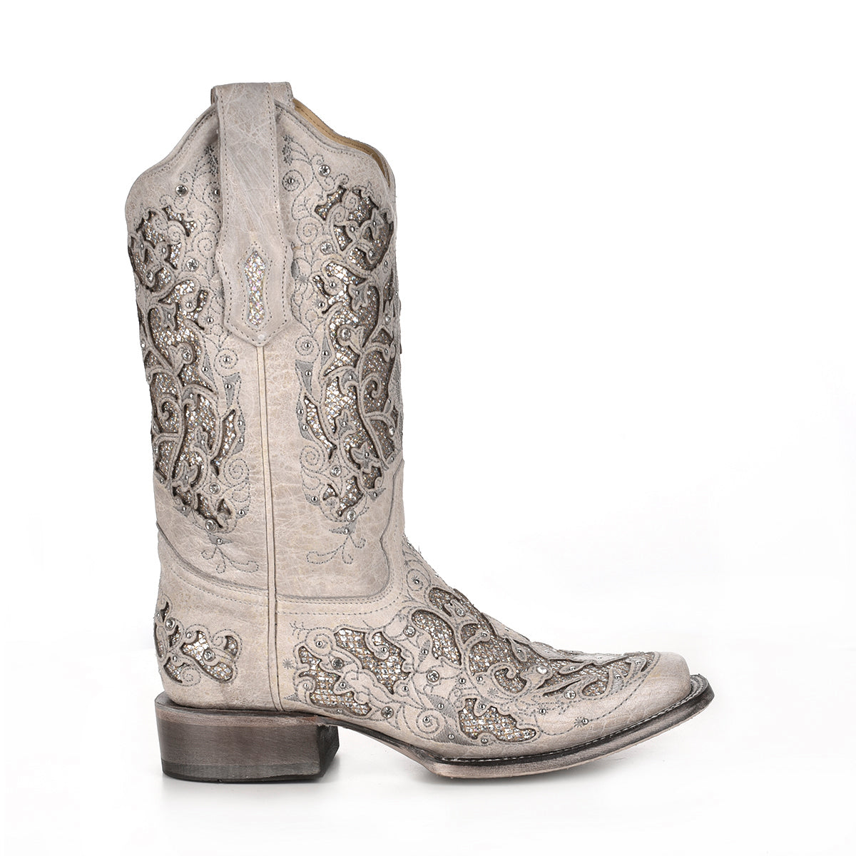 Corral White Glitter Inlay & Crystals Narrow Square Toe Boot