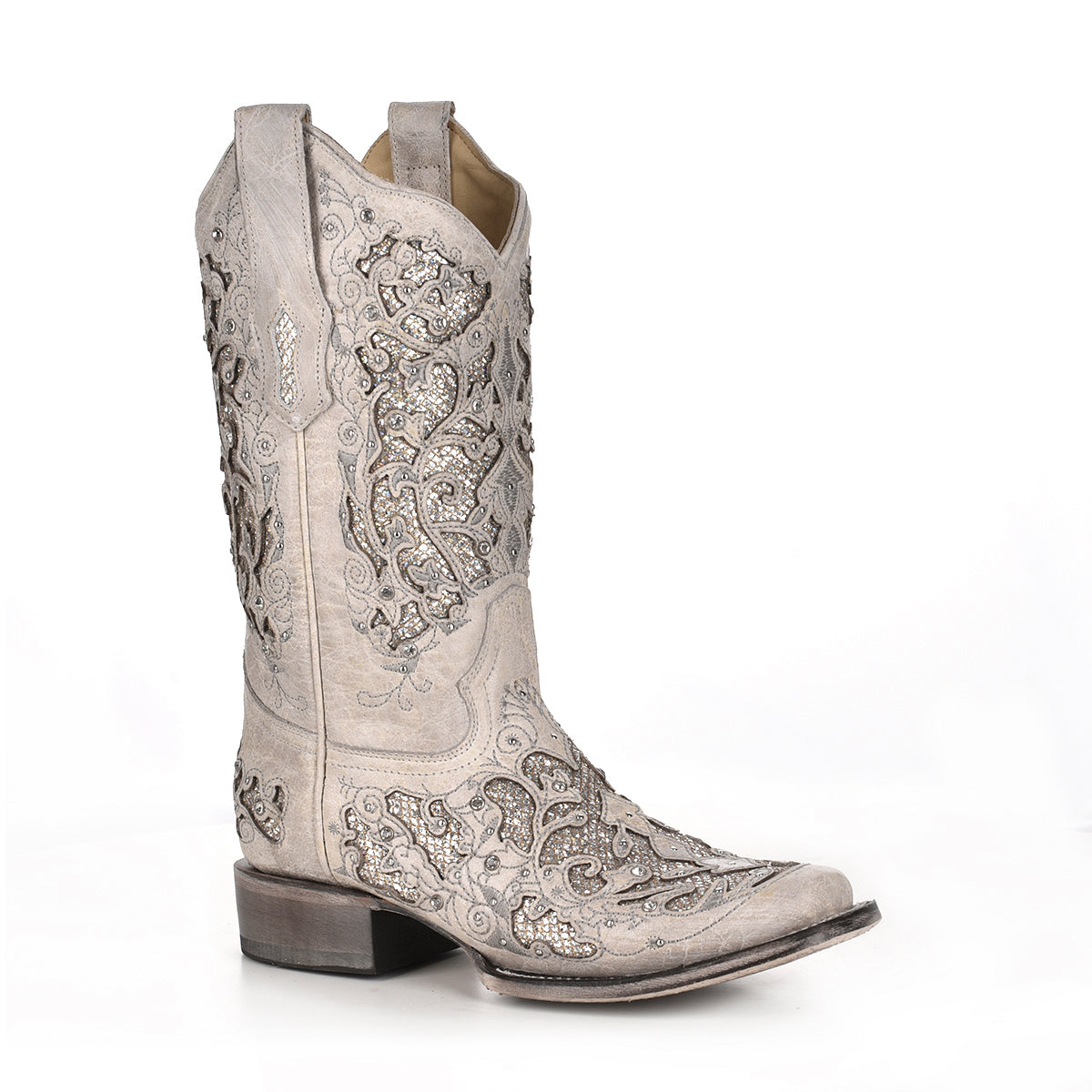 Corral White Glitter Inlay & Crystals Narrow Square Toe Boot
