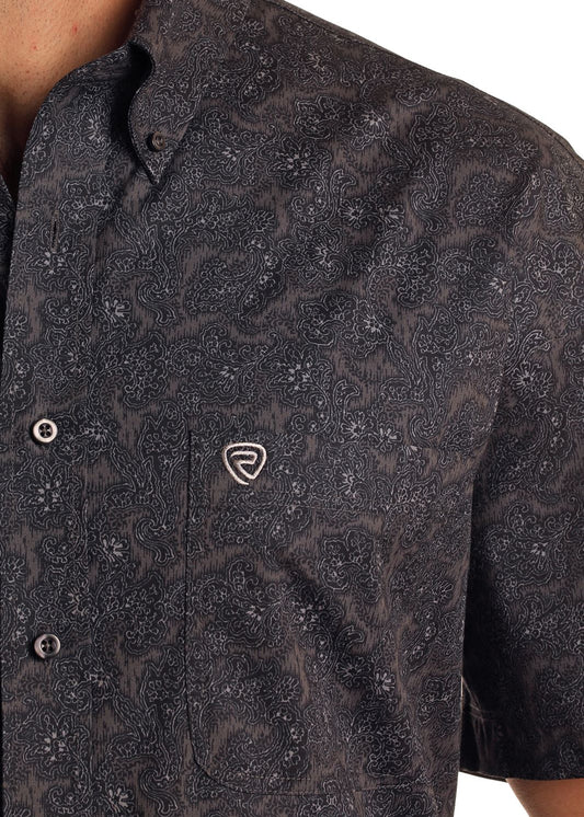 Rock&Roll Denim Paisley Print Classic Fit Short Sleeve Button Down Shirt