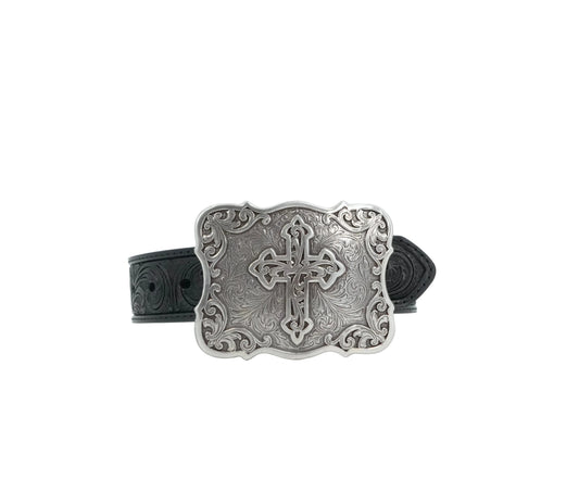 Nocona Women's Floral Embossed Cross Buckle Belt - Black