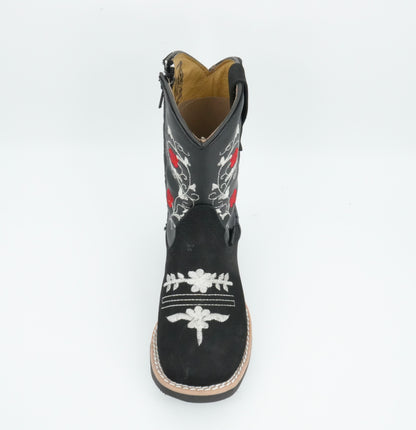 A&A Kid's Black Nobuck Red Flowers Boot