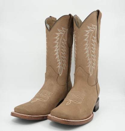 Vaquero Signature Women’s Camel Nobuck Wide Square Toe Boot.