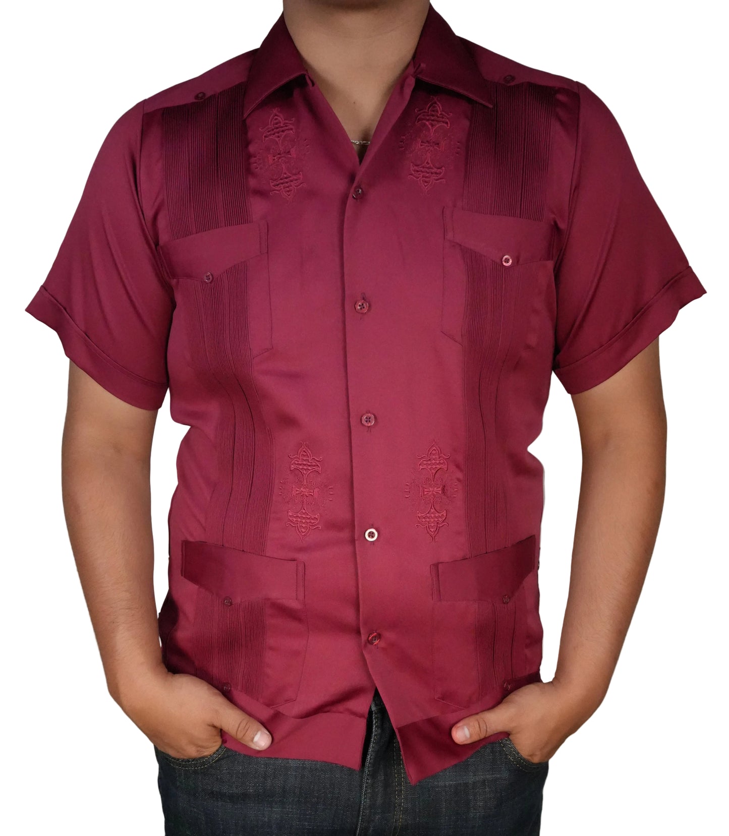 Copacabana Men's Short Sleeve Polyester Guayabera - Burgundy