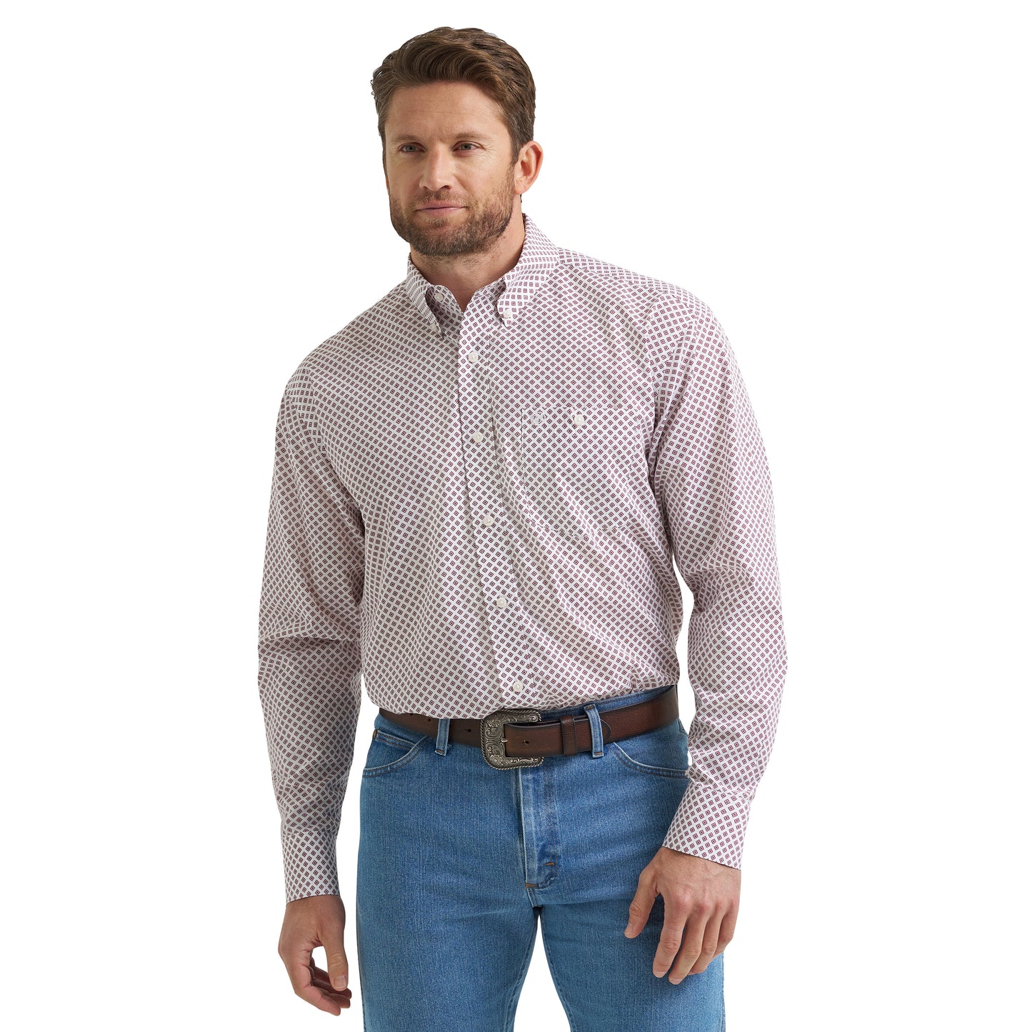 Wrangler Men's Relaxed Long Sleeve White/Burgundy Shirt