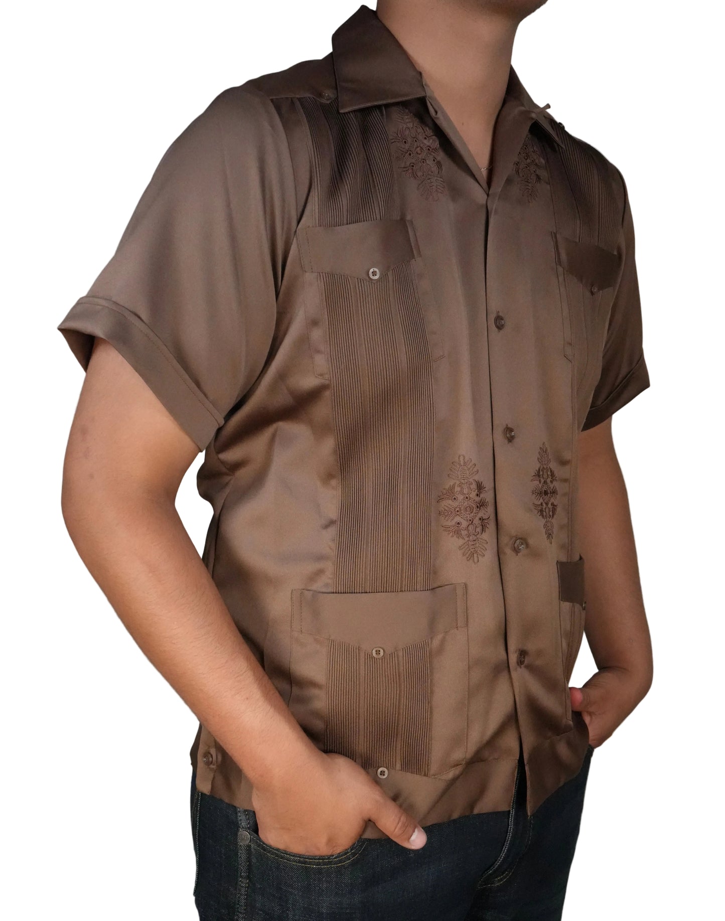 Copacabana Men's Short Sleeve Polyester Guayabera - Brown