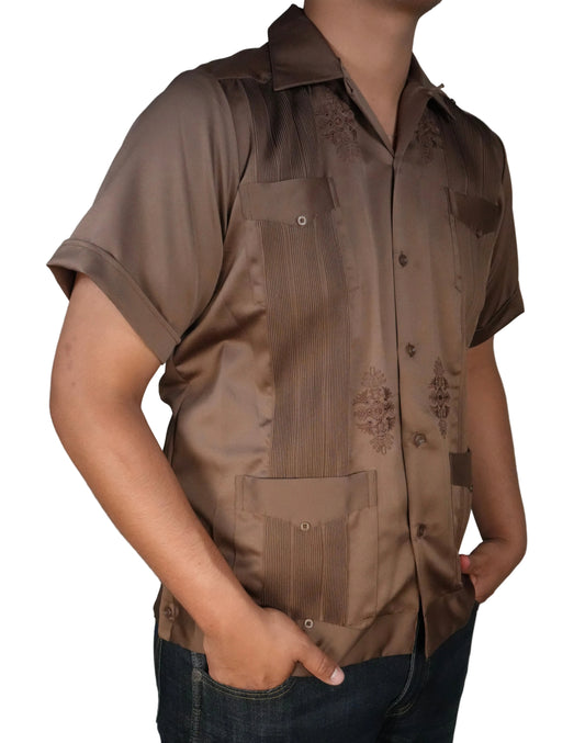 Copacabana Men's Short Sleeve Polyester Guayabera - Brown