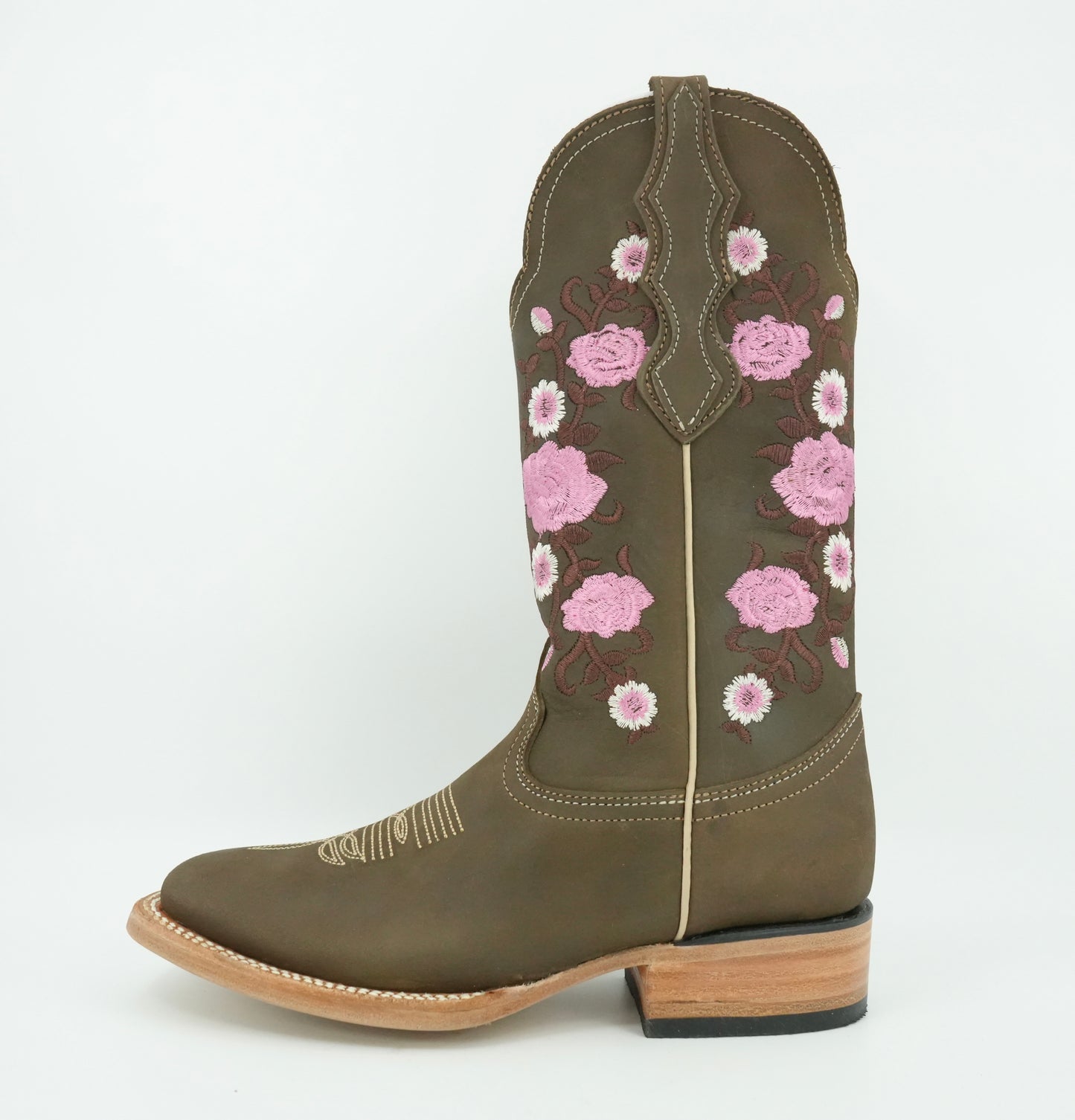 White Diamond Women's Nobuck Tobacco Floral Wide Square Toe Boot