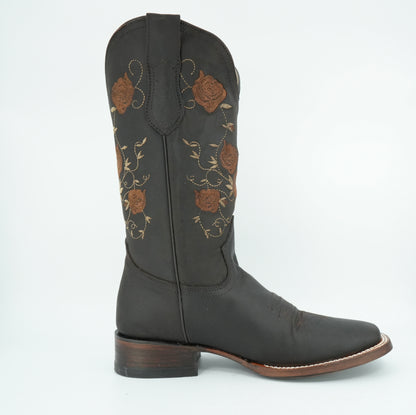 Vaquero Signature Women’s Brown Grasso Flowers Wide Square Toe Boot