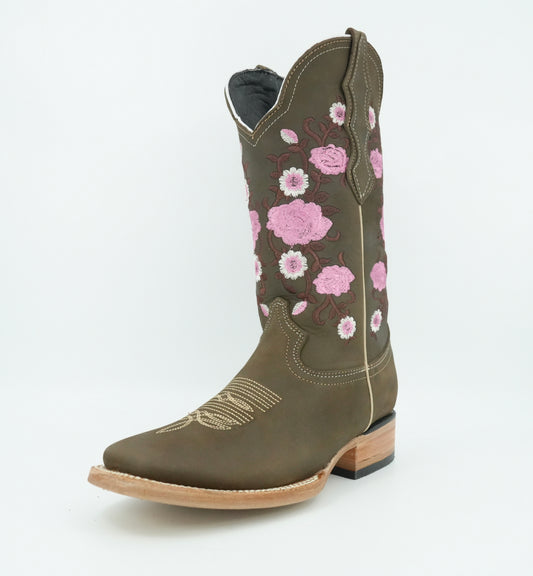 White Diamond Women's Nobuck Tobacco Floral Wide Square Toe Boot