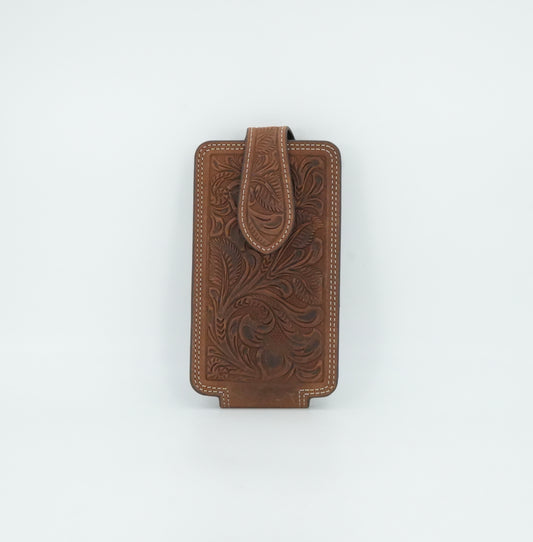 Funda para teléfono móvil grande de cuero marrón con bandera Ariat