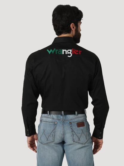 Wrangler Mexico Logo Black Long Sleeve Button Down Shirt