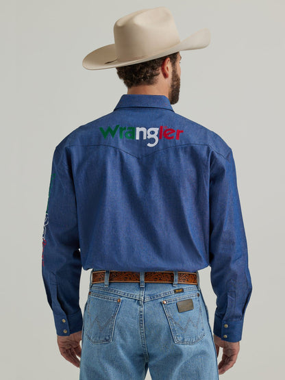 Wrangler Mexico Logo Denim Long Sleeve Button Down Shirt