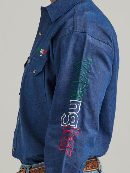 Wrangler Mexico Logo Denim Long Sleeve Button Down Shirt