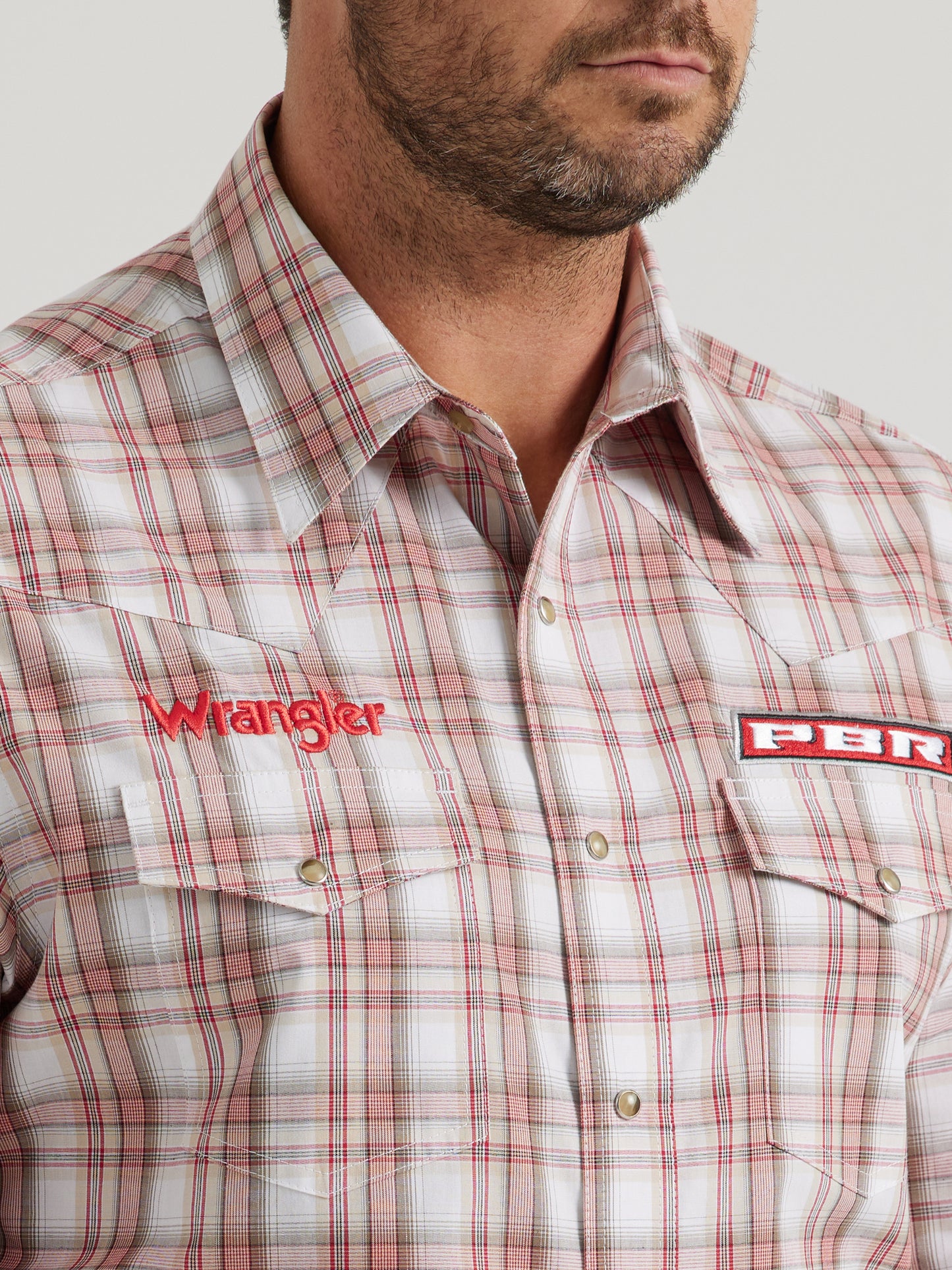 Wrangler PBR Logo Long Sleeve Plaid Western Snap Shirt