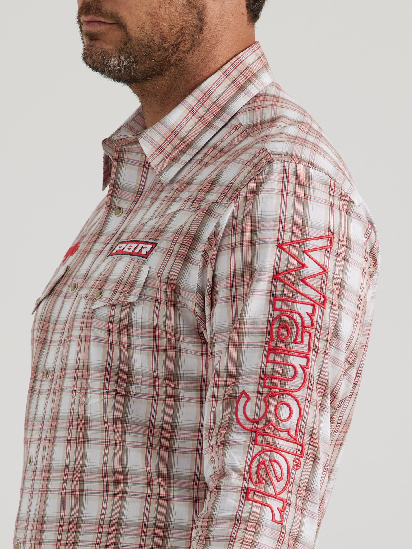 Wrangler PBR Logo Long Sleeve Plaid Western Snap Shirt