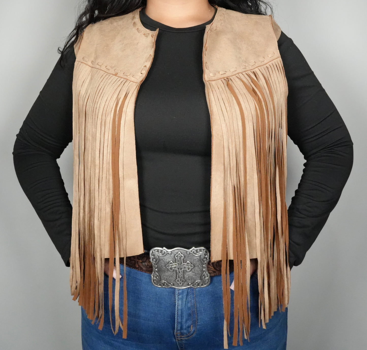 Blue B Women's Suede Fringe Western Vest - Camel