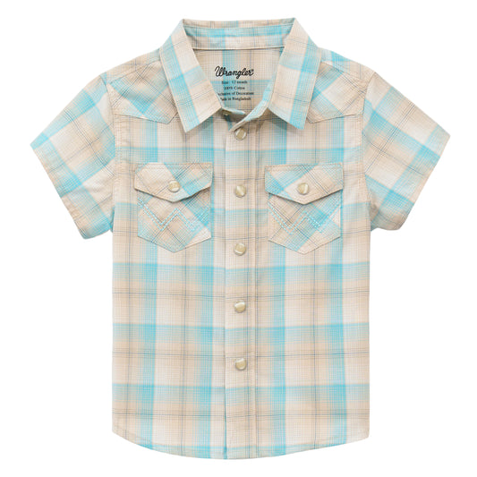 Wrangler Infant Slim Fit Short Sleeve Button Down Shirt - Tan/Blue