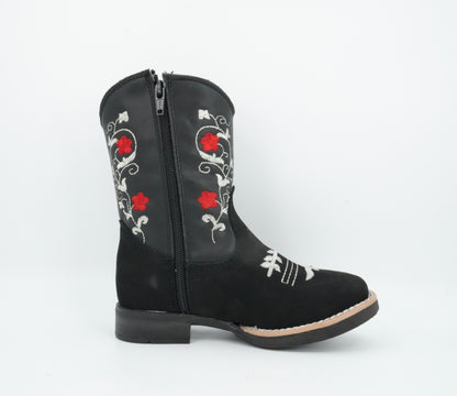 A&A Kid's Black Nobuck Red Flowers Boot