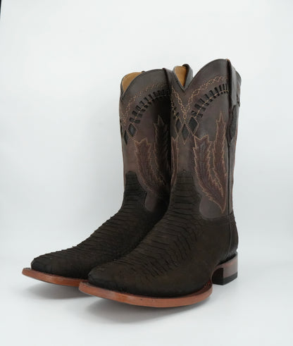 Hooch Men's Nobuck Chocolate Python Print Wide Square Toe Boot