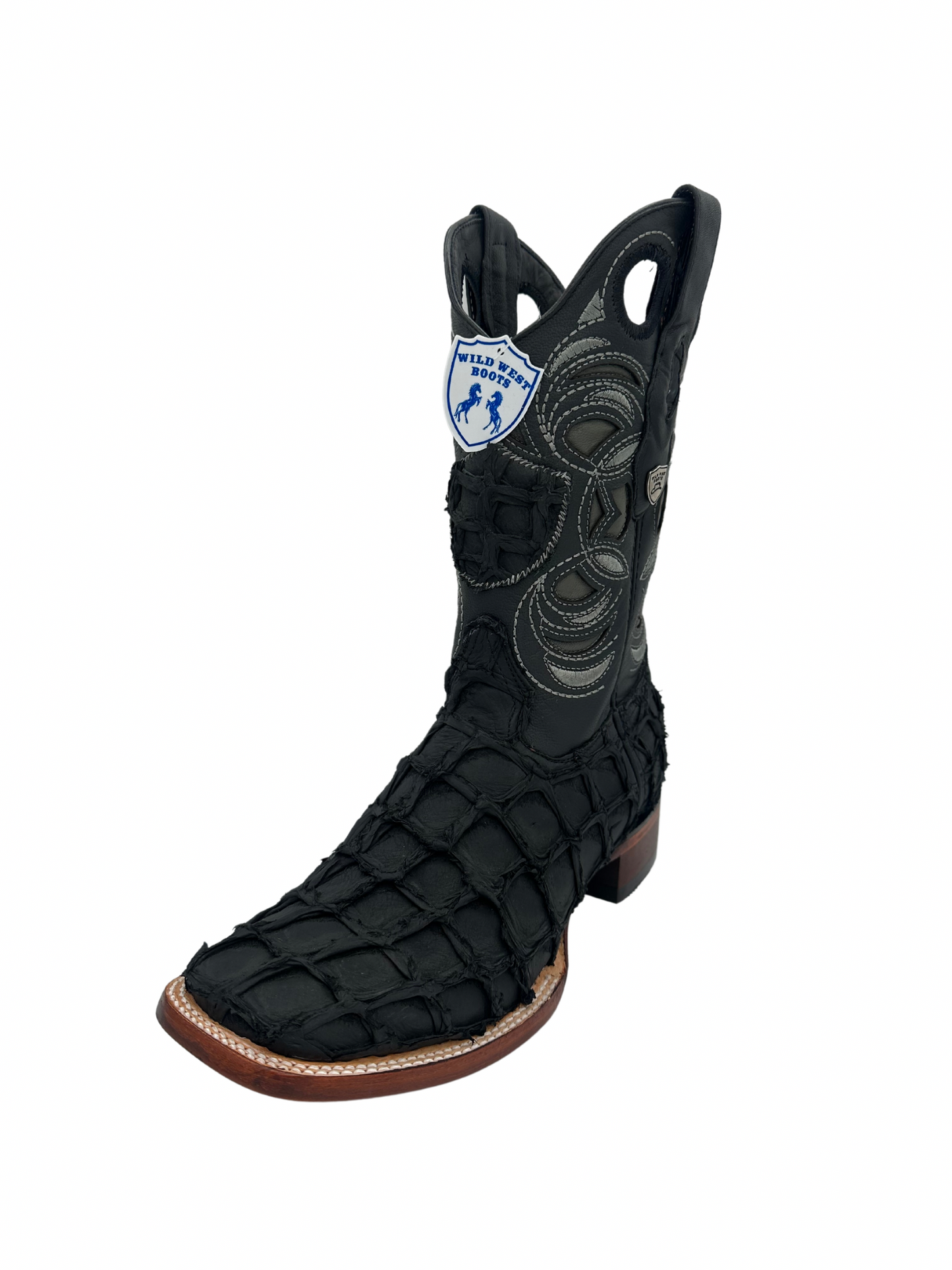 Wild West Men's Black Matte Genuine Pirarucu Wide Square Toe Boot