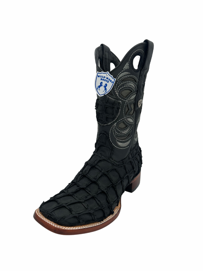Wild West Men's Black Matte Genuine Pirarucu Wide Square Toe Boot