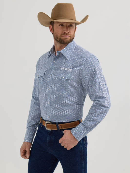 Wrangler Men's Logo Print Blue/White Diamond Long Sleeve Snap Button Shirt