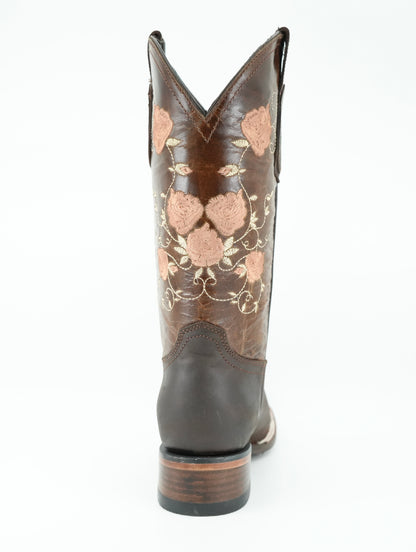 Vaquero Signature Women’s Brown Grasso Flowers Wide Square Toe Boot