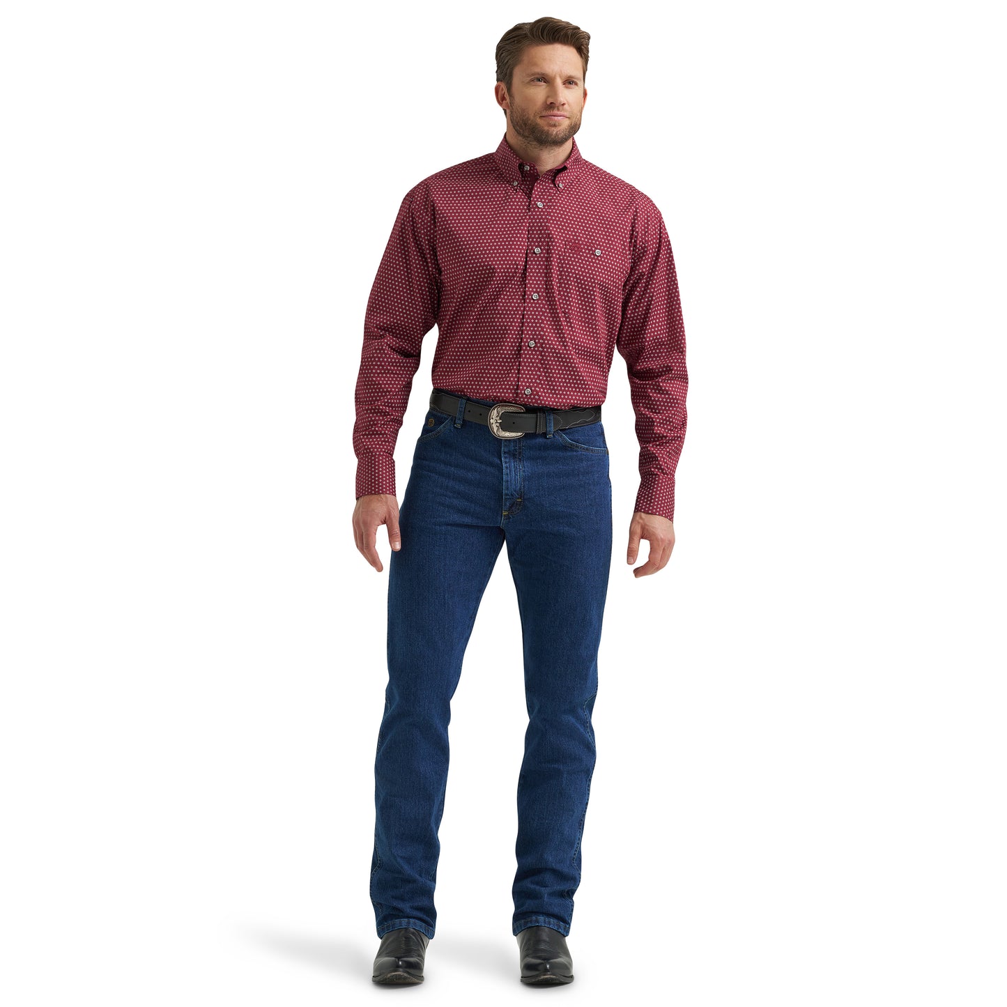 Wrangler Men's George Strait Burgundy Long Sleeve Button Down One Pocket Shirt