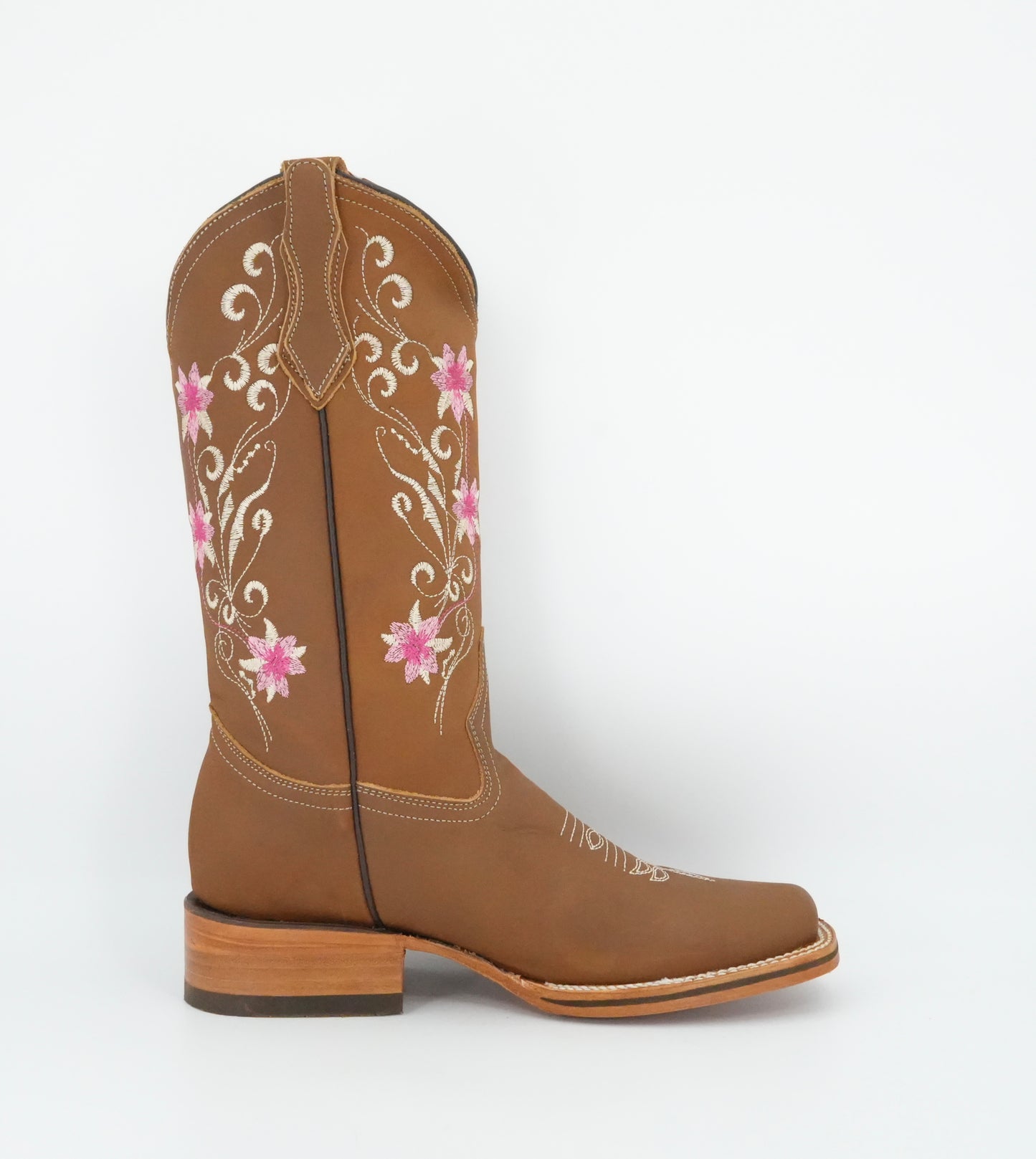 La Sierra Women's Leather Floral Pink Stitch Square Toe Boot - Tang