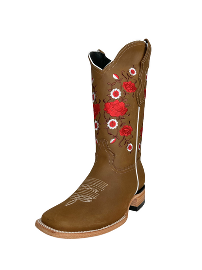 White Diamond Red Floral Square Toe Leather Boot