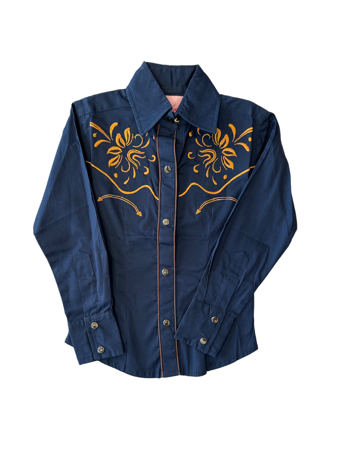 Girl's Floral Embroided Button Down Shirt - Navy