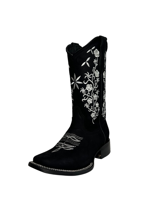 La Sierra Women's Black Floral Embroidered Square Toe Boot