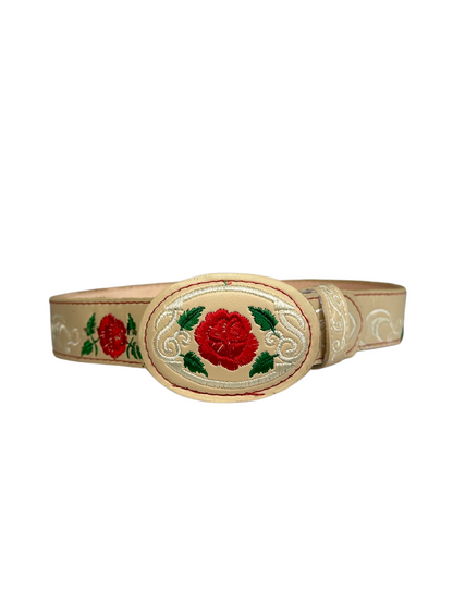 Girl's Red Rose Embroided Leather Belt
