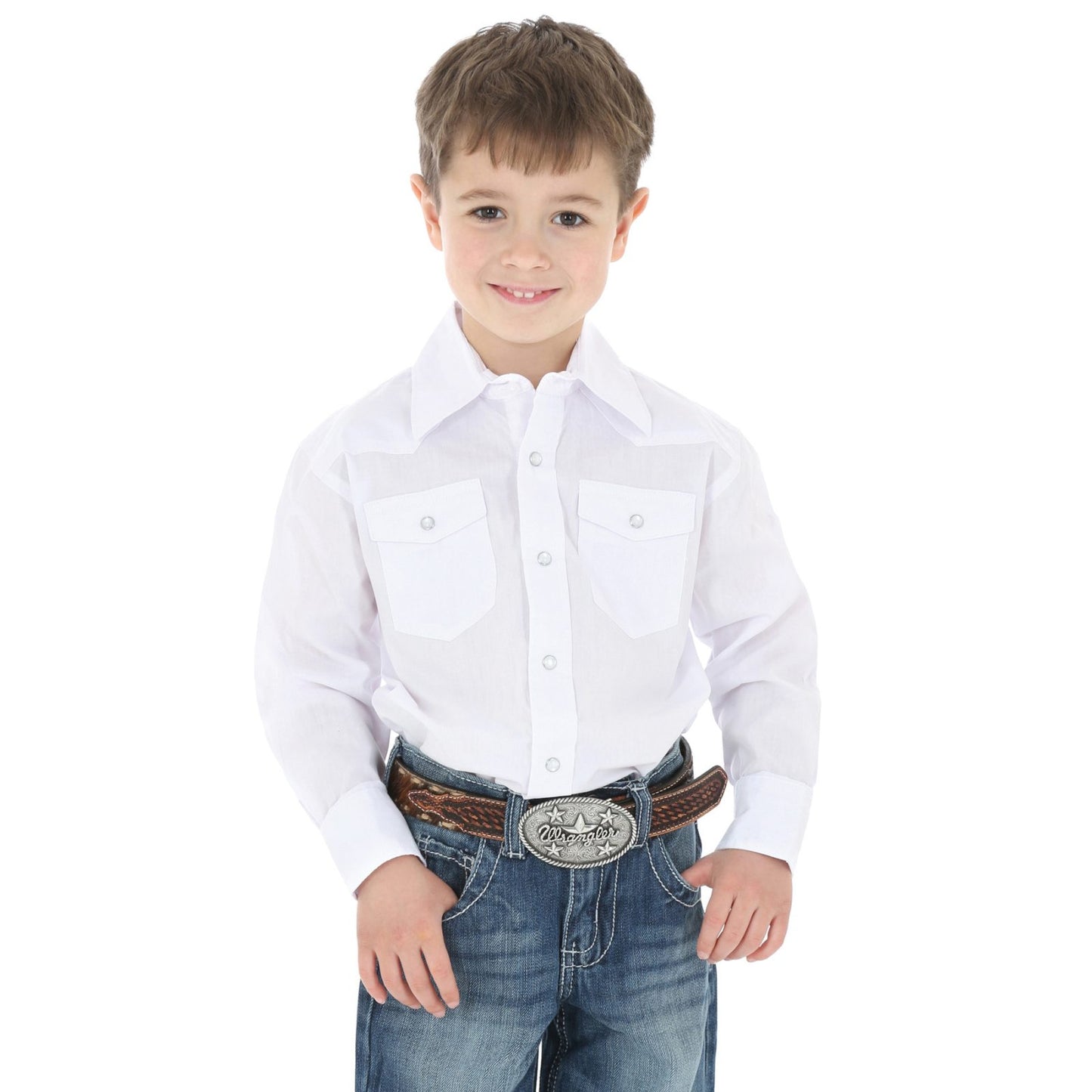 Boy's Wrangler White Western Long Sleeve Button Down Shirt