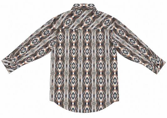 Rock & Roll Denim Boy's Long Sleeve Aztec Print Snap Shirt - Dark Brown