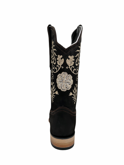 White Diamond Women's Black Chocolate Floral Square Toe Leather Boot
