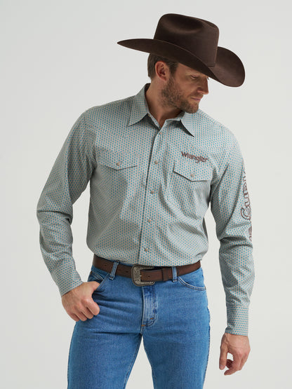 Wrangler Men's Logo Long Sleeve Western Snap Button Shirt - Peacock
