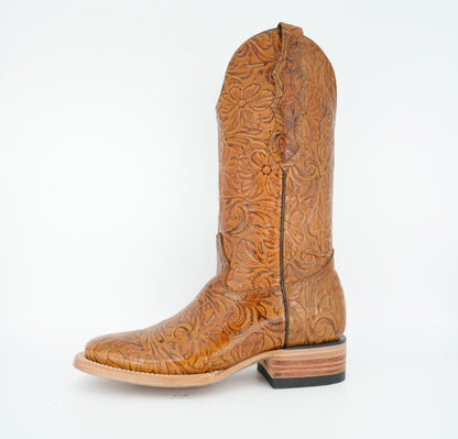 White Diamond Women's Tooled Print Honey Square Toe Boot