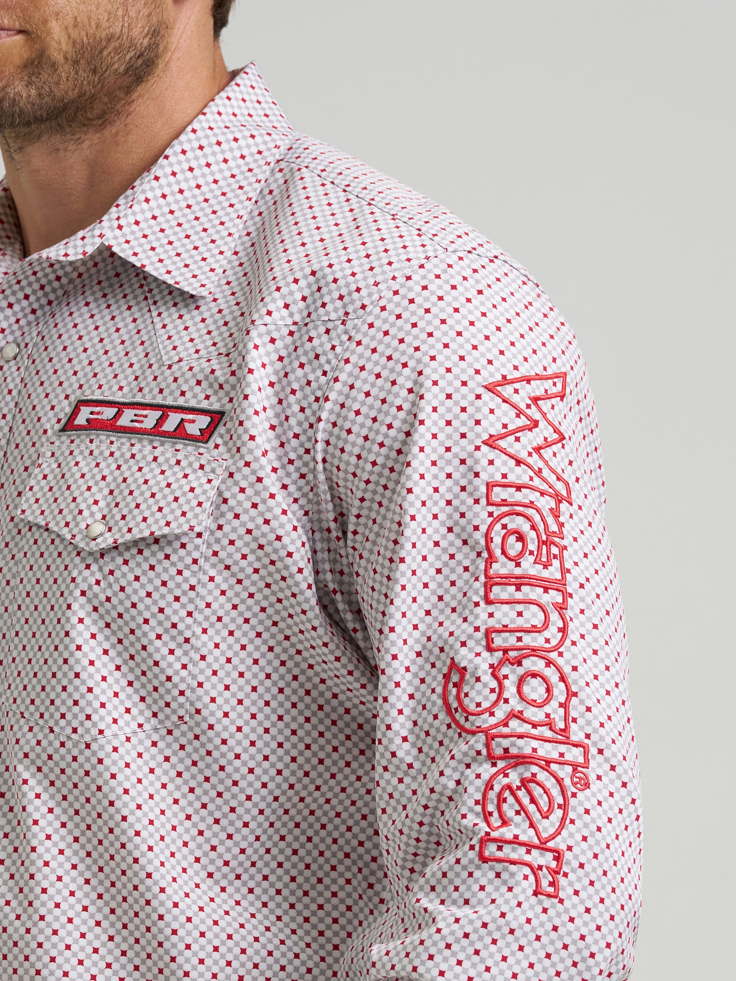 Wrangler Men's PBR Logo Long Sleeve Red Diamond Western Snap Shirt