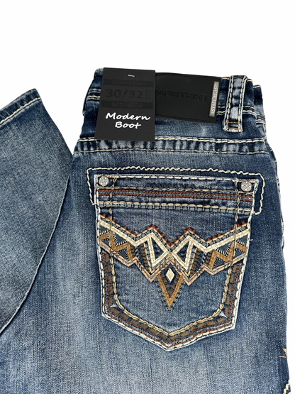 Montero Denim Tribal Stitched Pocket Medium Blue Modern Boot Jean
