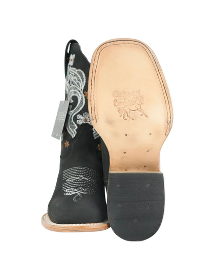 Calzatti Women's Floral Crazy Wide Square Toe Boot - Black